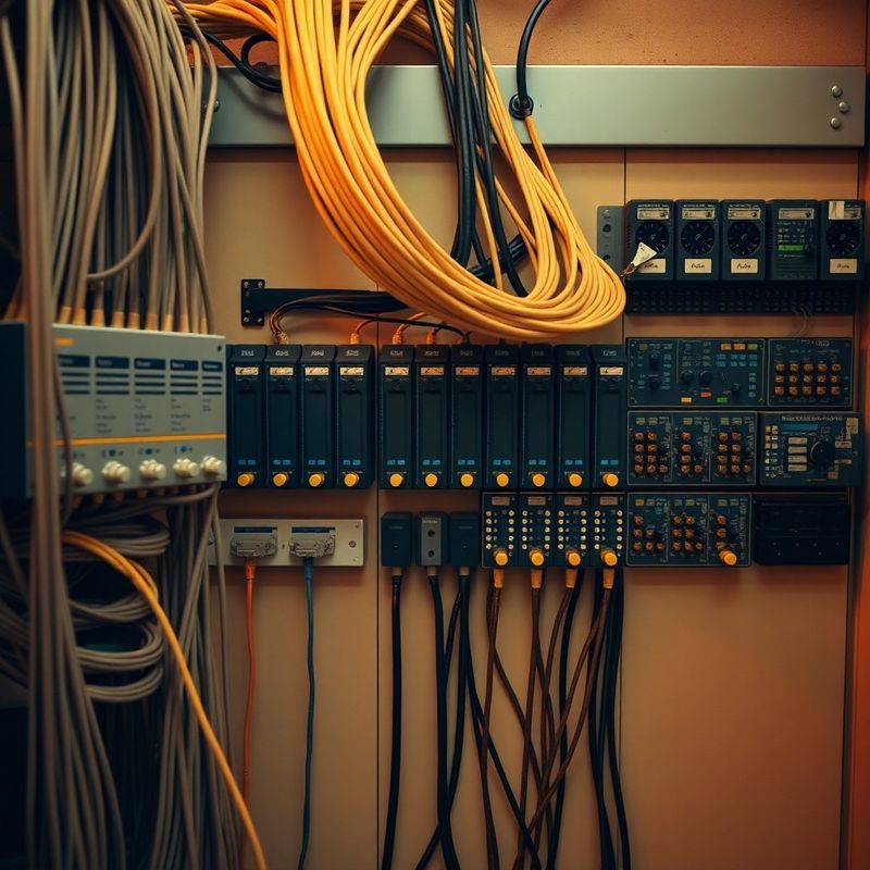 Panou de control industrial cu cabluri de rețea și module PLC, fotografiat de sus în tonuri calde