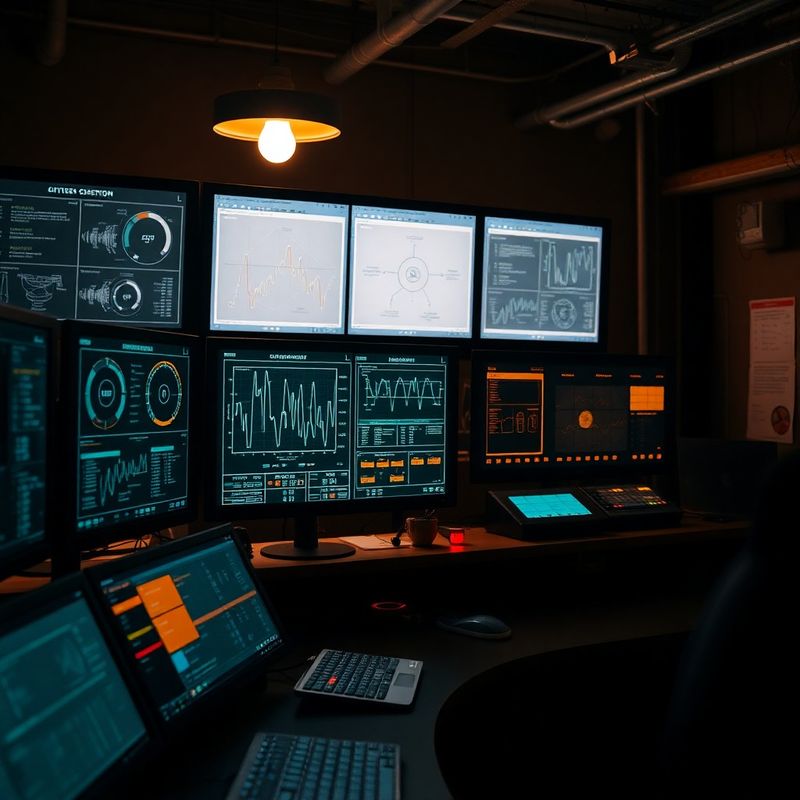 Terminal SCADA cu scheme industriale într-o cameră de control luminată cald